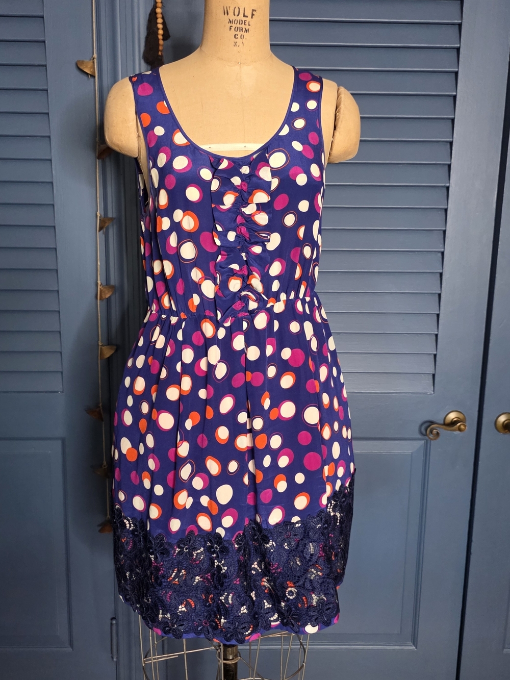 Moulinette Soeurs Navy Polka Dot Sleeveless Dress with Pink & Orange Dots
